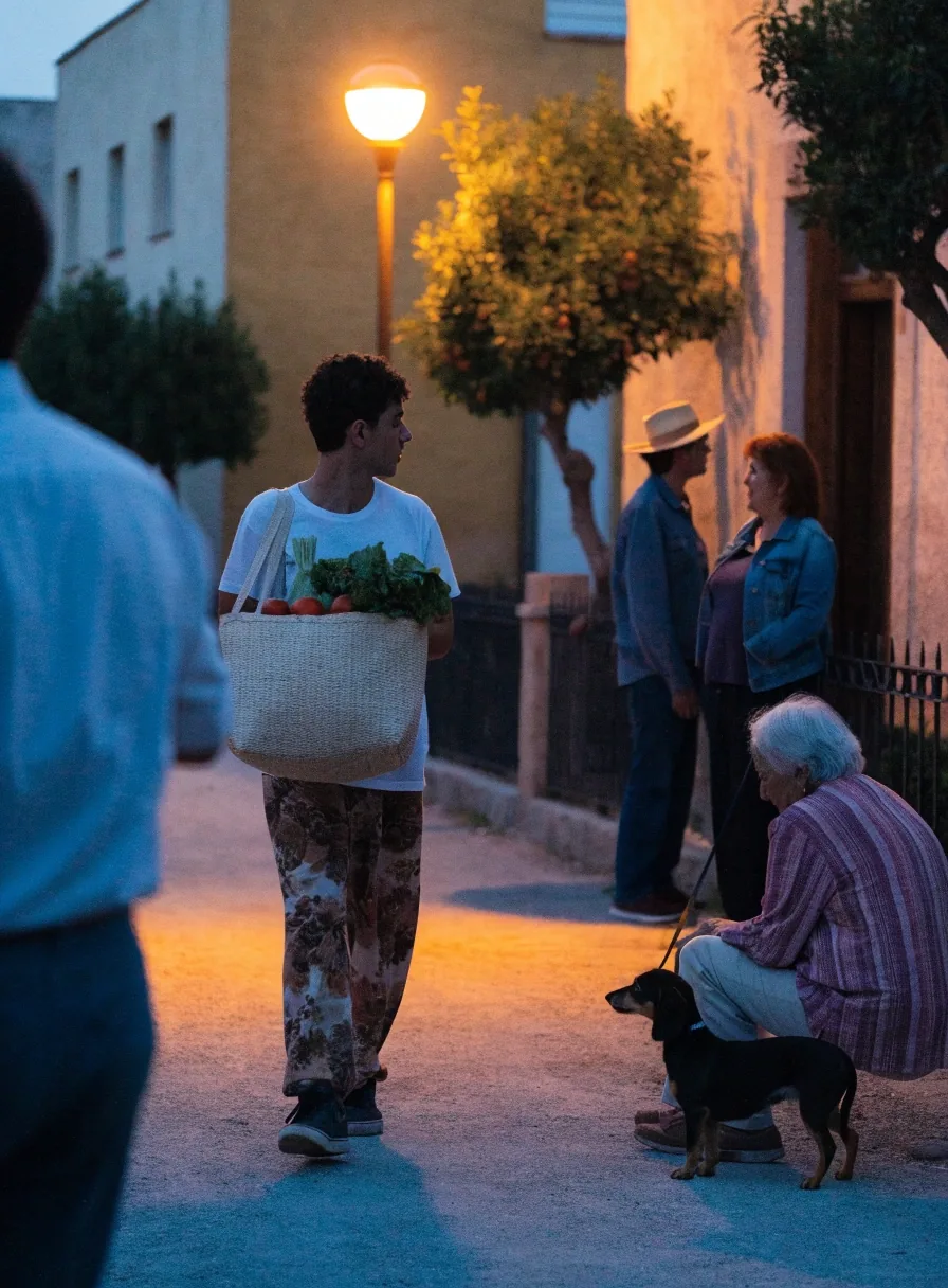Borde del área metropolitana de Sevilla al anochecer con vecinos caminando por una plaza