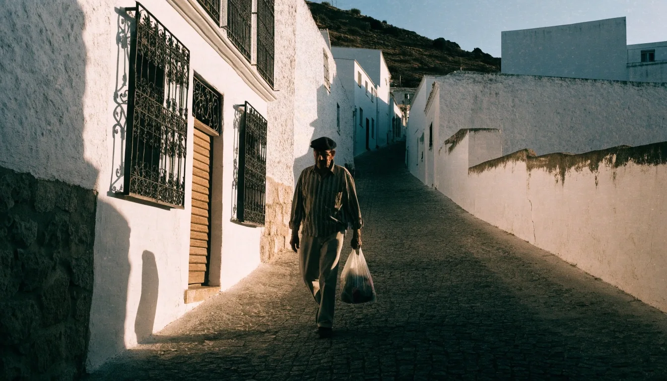 Calle de una localidad del interior de Andalucía con casas encaladas y un vecino caminando