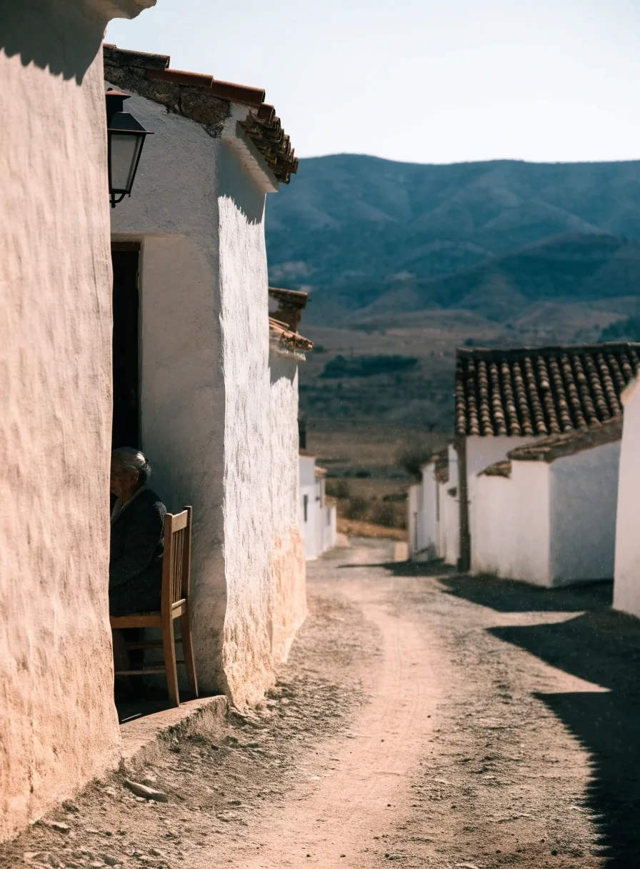 Calle vacía de un pueblo del interior andaluz con una vecina mayor sentada a la sombra