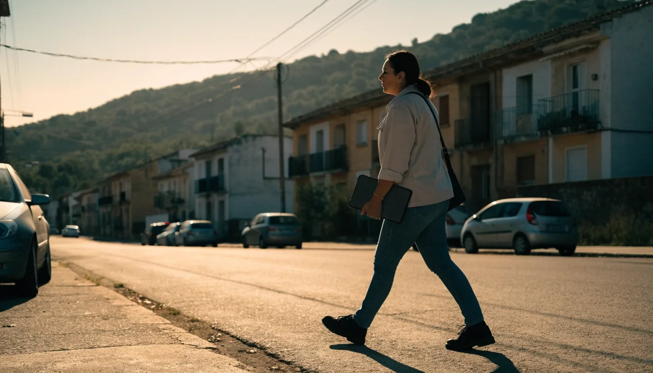 Trabajadora de campo recorriendo una calle residencial andaluza durante una revisión de datos de población