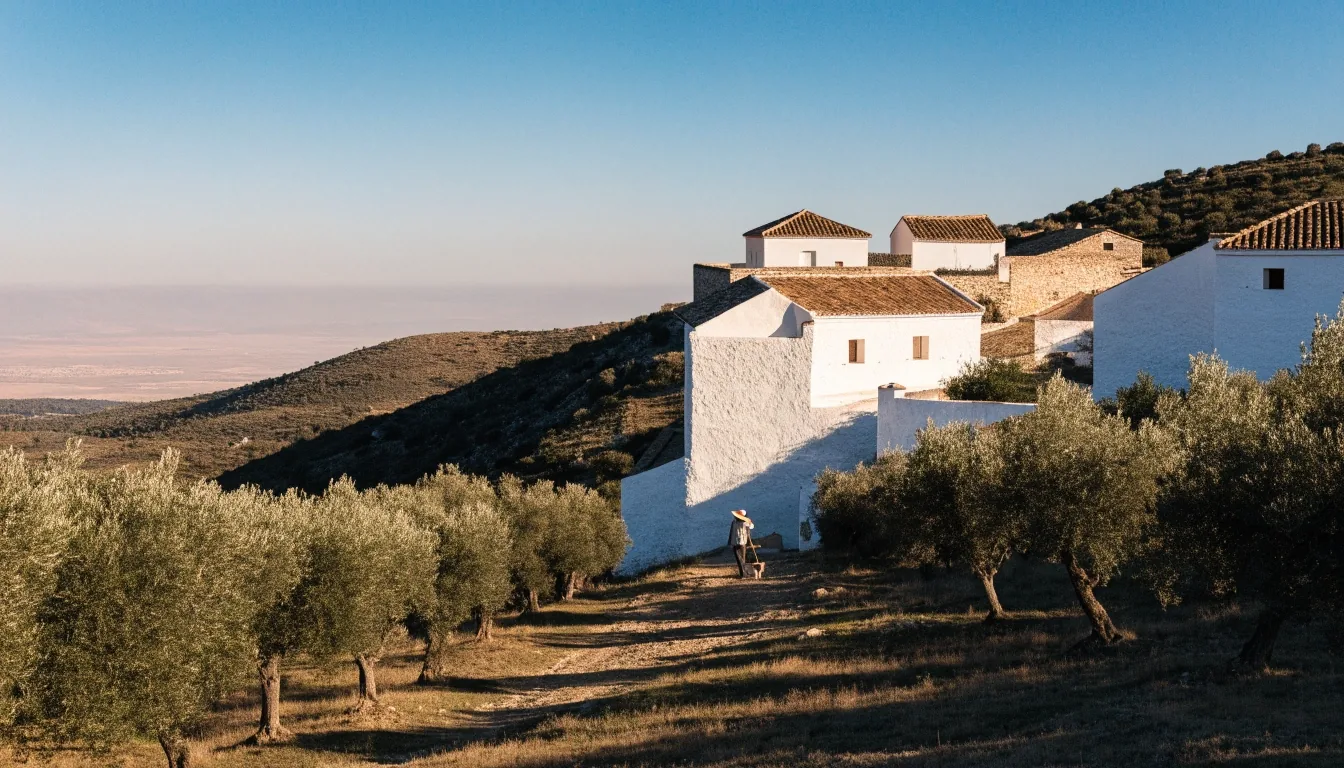 Viviendas en una ladera de la costa andaluza con el mar al fondo al atardecer