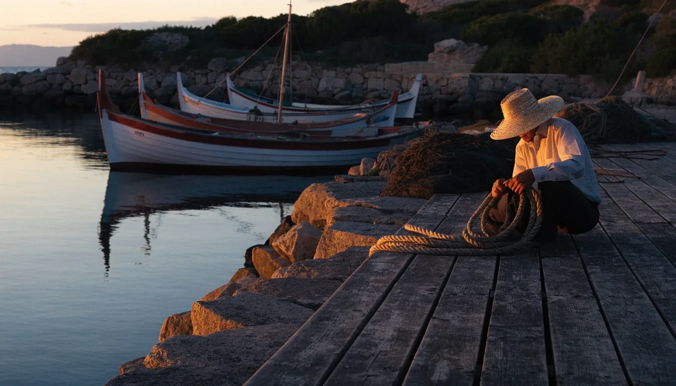 Camino de interior en Menorca con paredes de piedra seca y campos verdes al atardecer