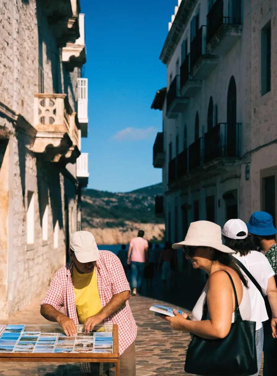 Plaza de un pueblo balear en pleno verano con terrazas llenas y personal atendiendo