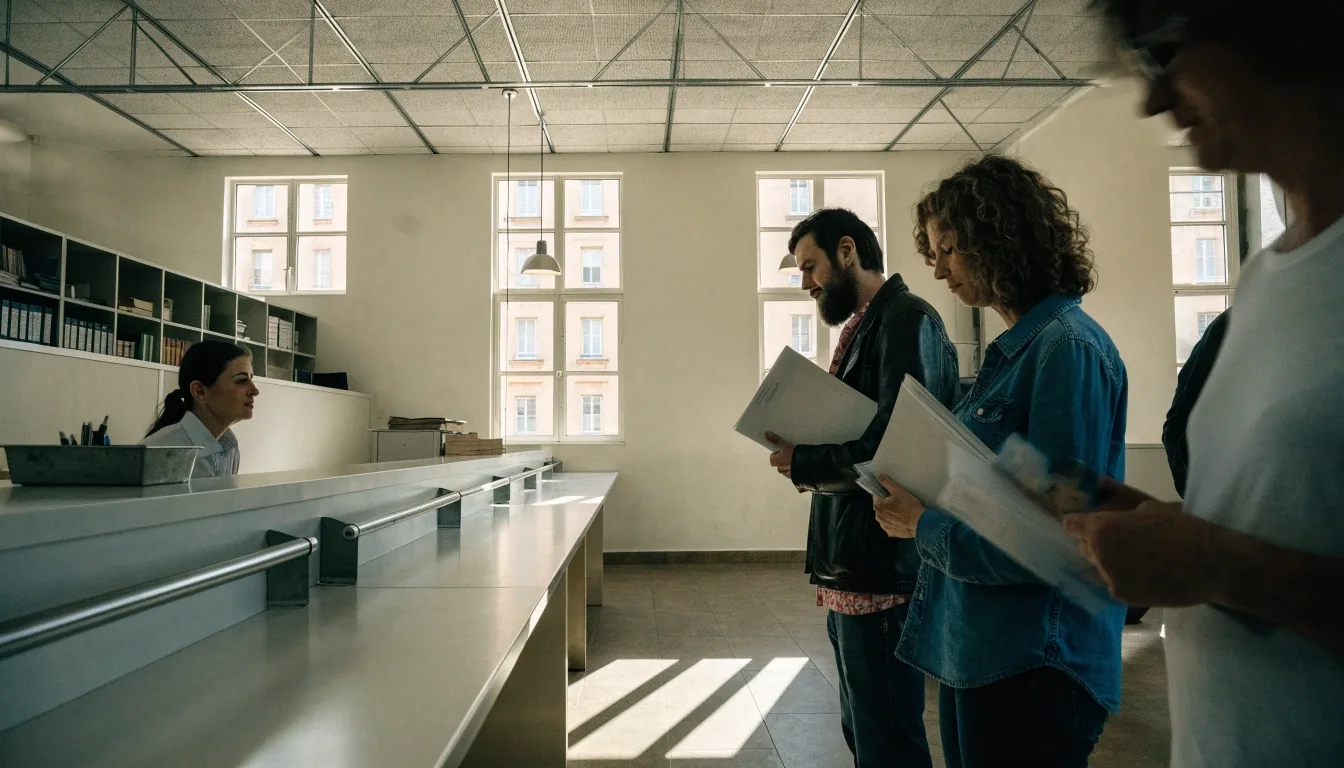 Registro municipal andaluz con un mostrador de atención al público y personas esperando
