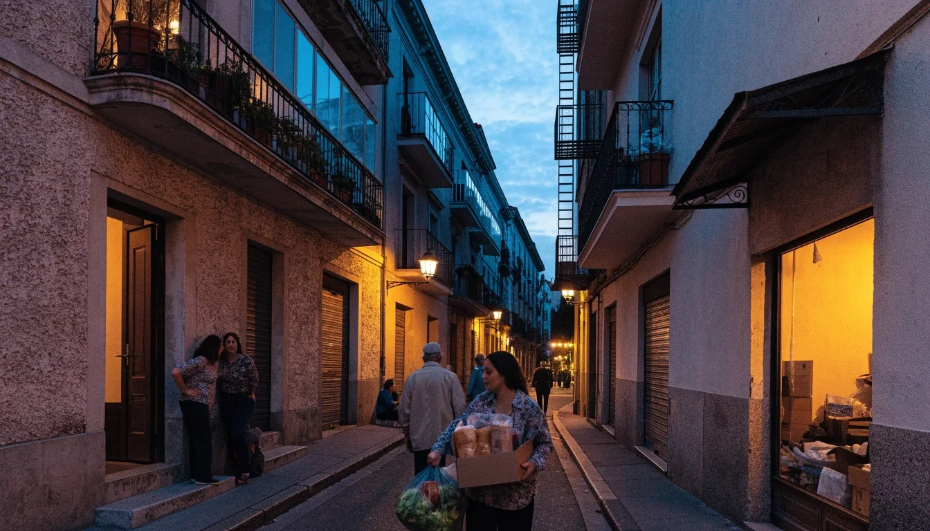 Azoteas de una ciudad española al atardecer con vecinos en los balcones