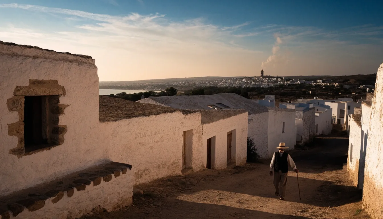 Paisaje andaluz con un pueblo de interior y una localidad costera al fondo al atardecer