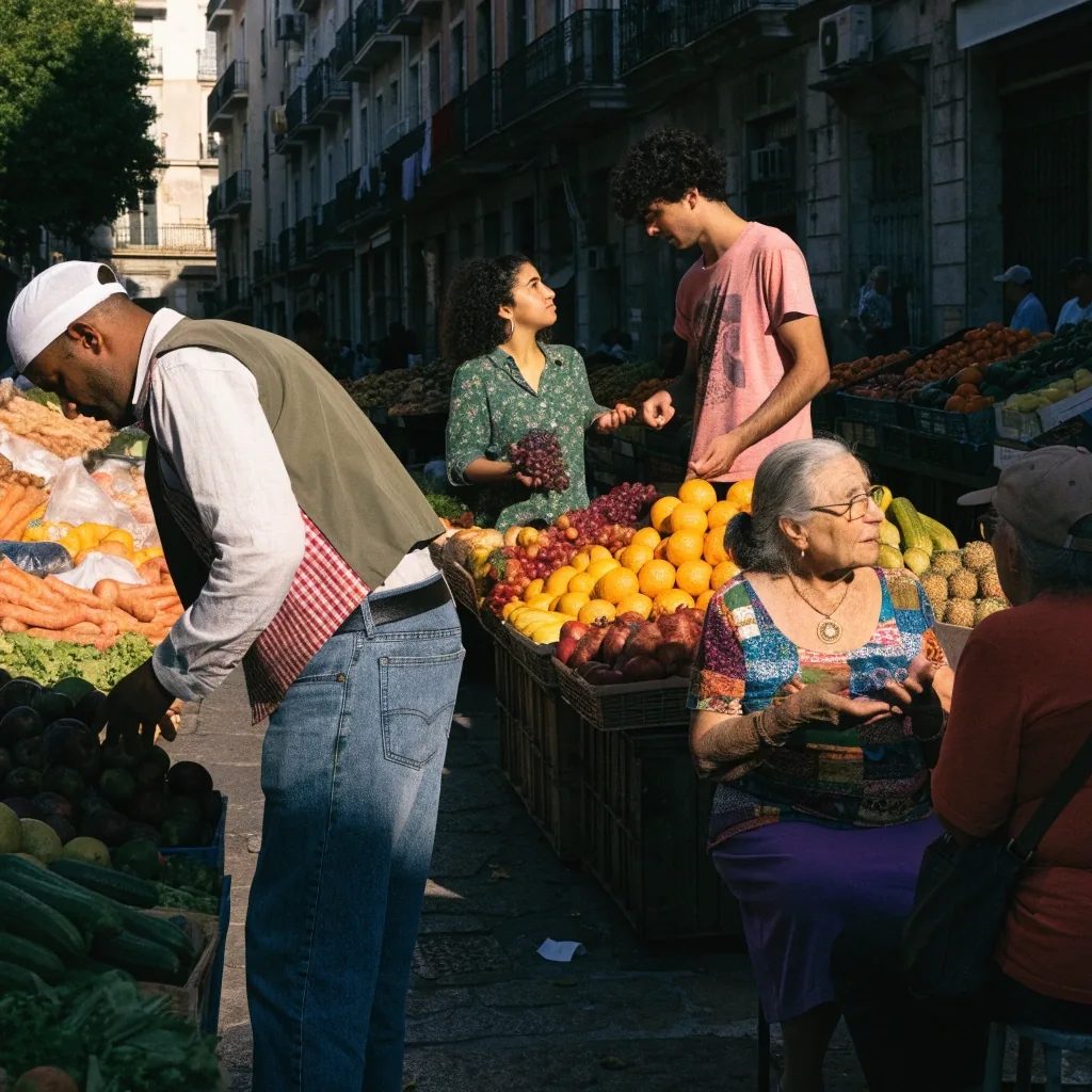 Plaza de barrio en una ciudad española con vecinos de distintos orígenes