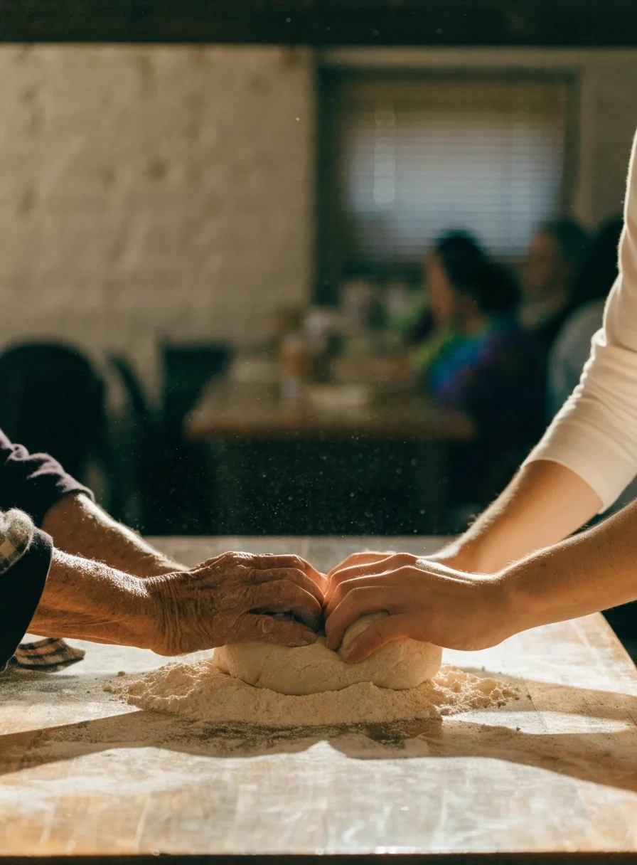 Manos de una mujer mayor y una persona joven colaborando en una cocina comunitaria luminosa
