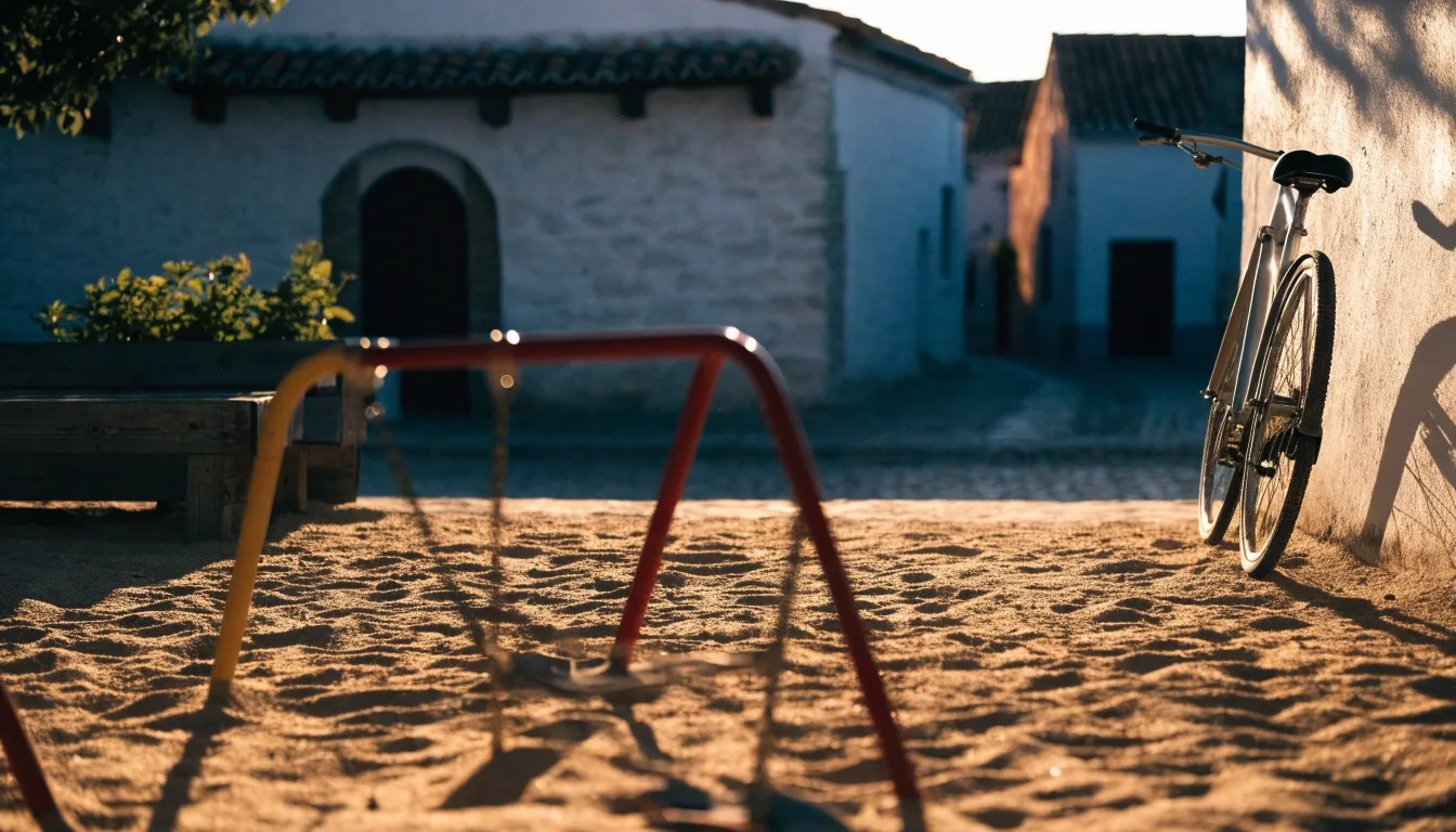 Parque infantil vacío en la plaza de un pueblo español al atardecer