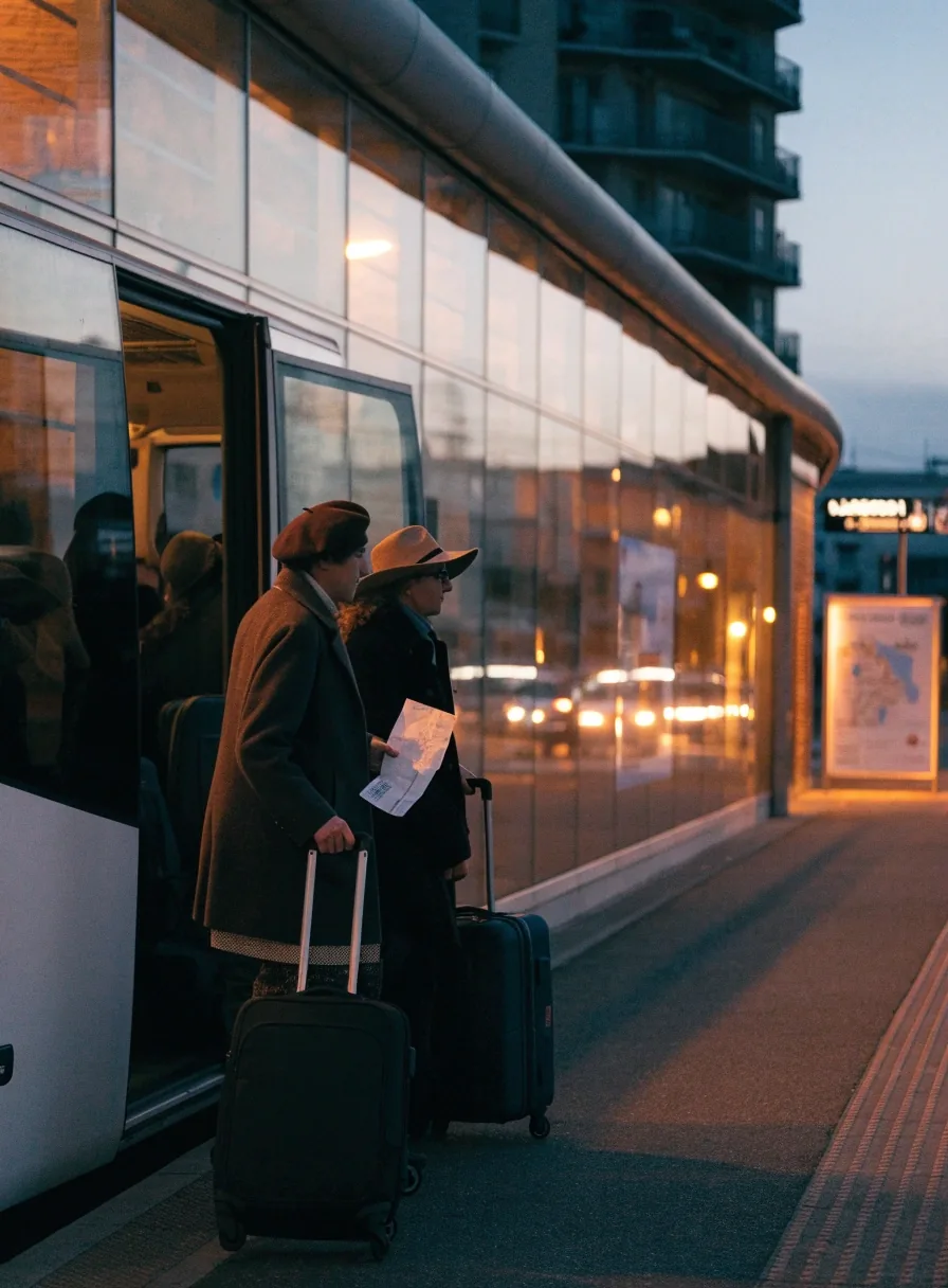 Personas llegando a una estación de autobuses en España con equipaje