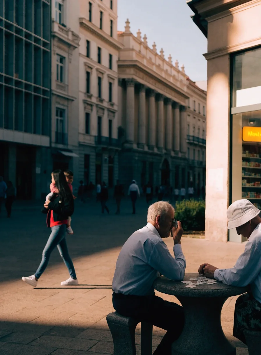Personas de distintas edades en una plaza de barrio española