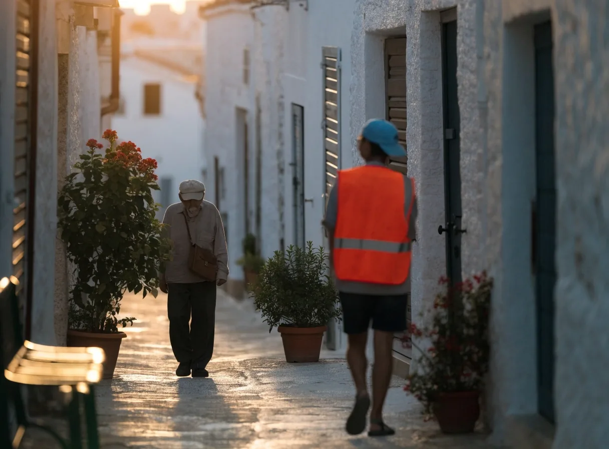 Cala pequeña en Baleares al atardecer con residentes caminando por el sendero de piedra