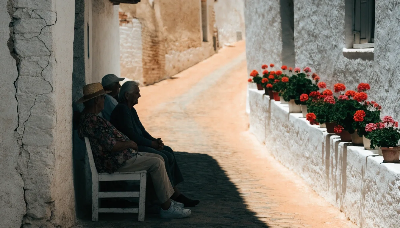 Calle de un pueblo del interior andaluz con vecinos mayores al fresco en la sombra