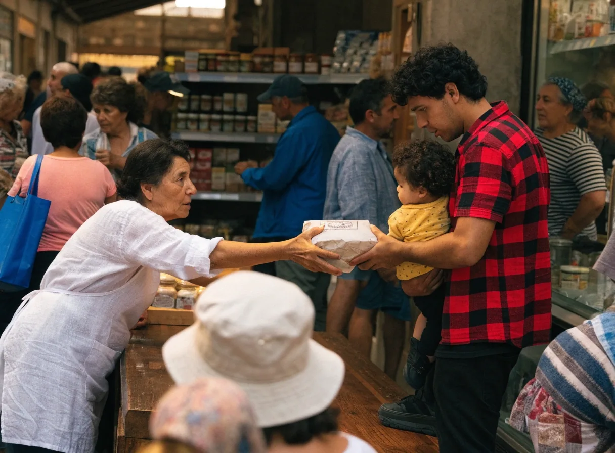 Mercado de barrio concurrido en una gran ciudad española, con vecinos comprando entre puestos