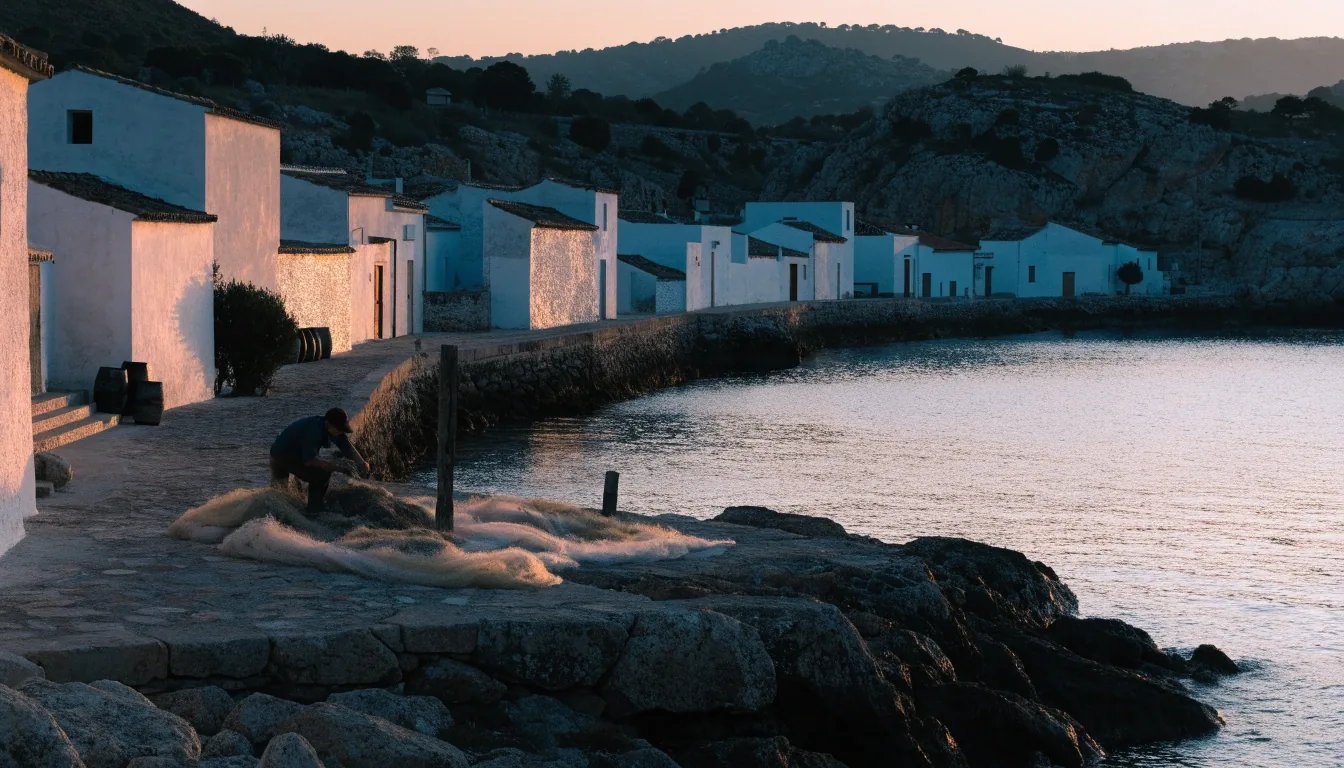 Pueblo andaluz en la ladera a última hora de la tarde, con casas encaladas y olivares alrededor