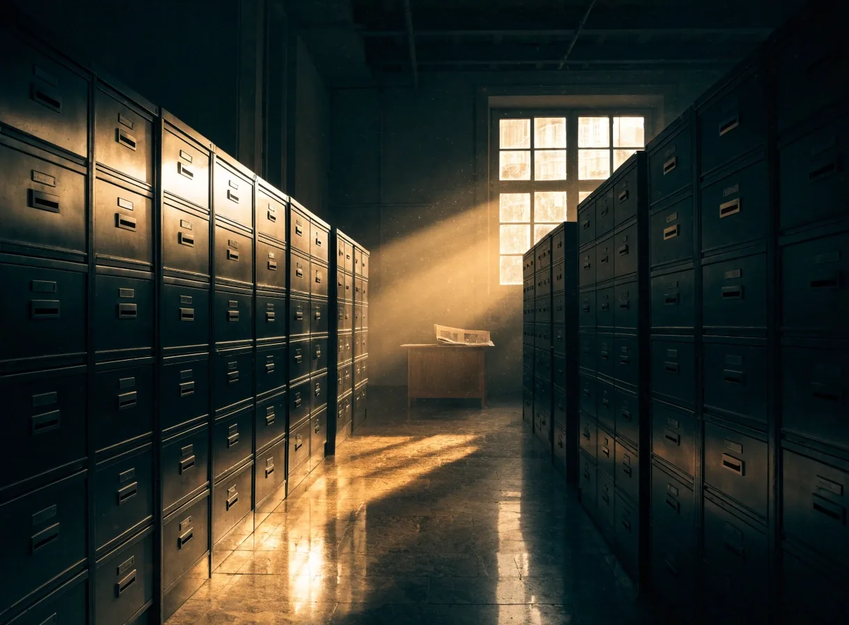 Interior en penumbra de una oficina de documentación en Sevilla, con archivadores y luz de ventana sobre el suelo