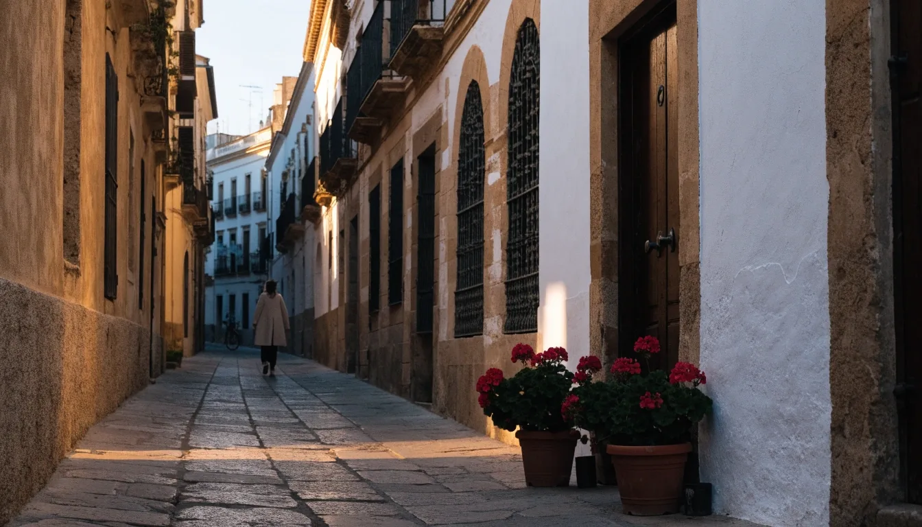 Calle de Sevilla al atardecer con fachadas encaladas y una persona caminando