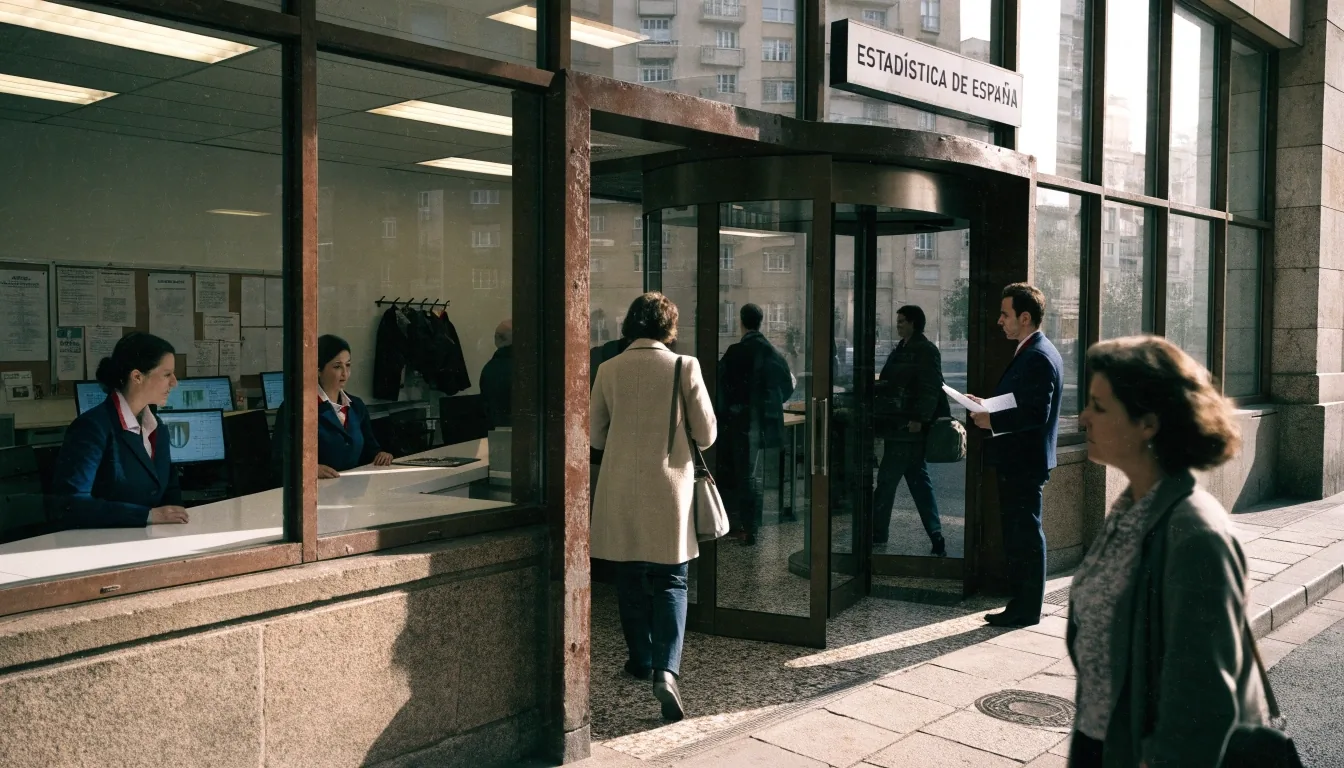 Interior de una oficina de estadística pública en España con personas entrando y saliendo durante el día