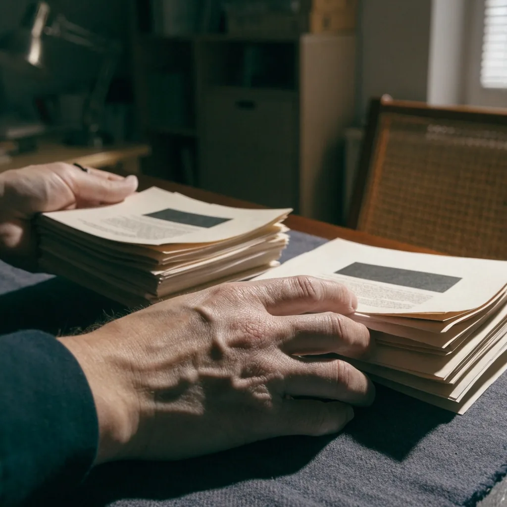 Manos clasificando carpetas de archivo sobre una mesa de oficina en España