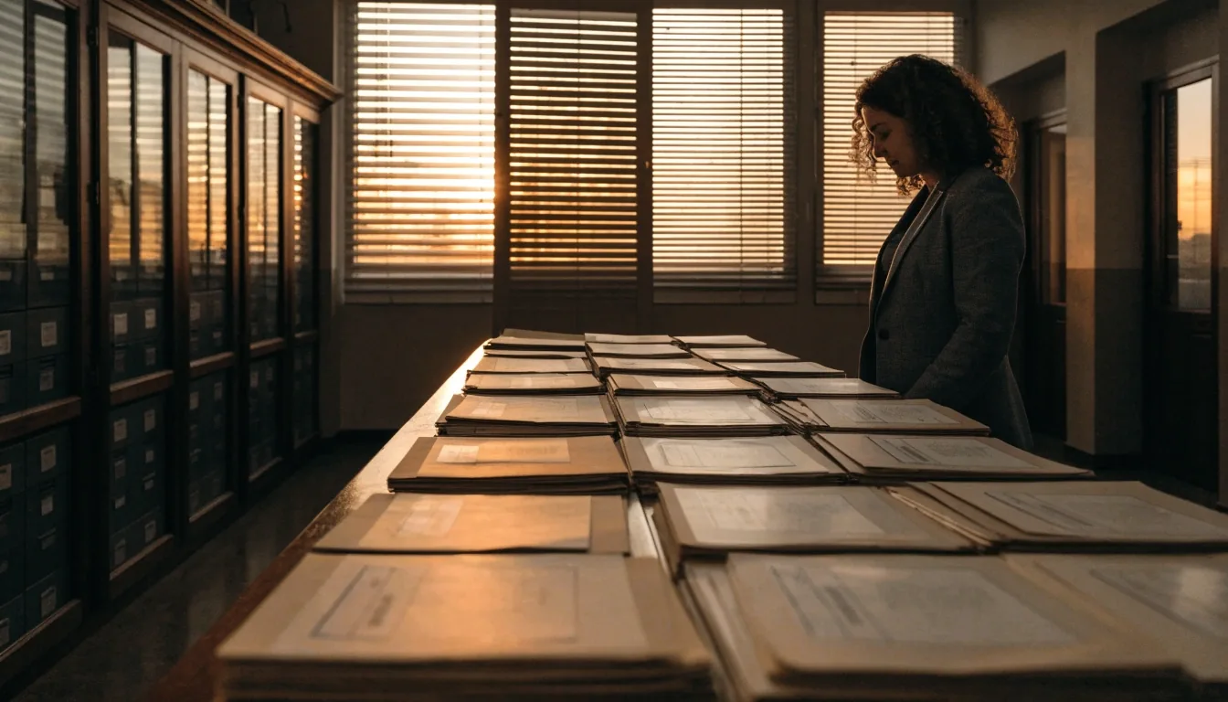 Sala de consulta en Sevilla con una persona revisando documentación administrativa al atardecer