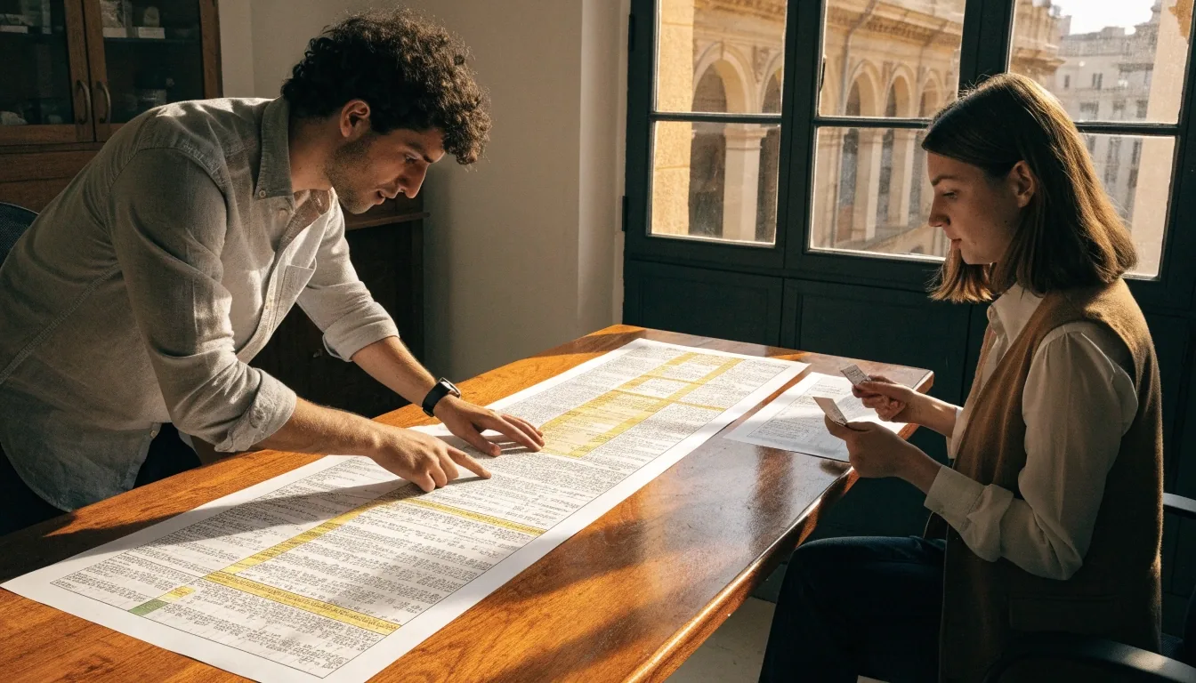 Dos personas del equipo editorial comparando series estadísticas impresas sobre una mesa de trabajo en Sevilla