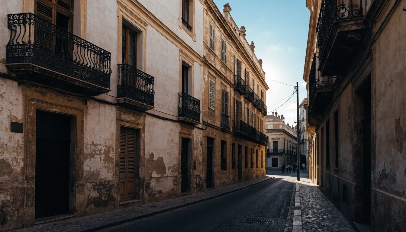 Esquina de una calle de Sevilla con balcones al atardecer