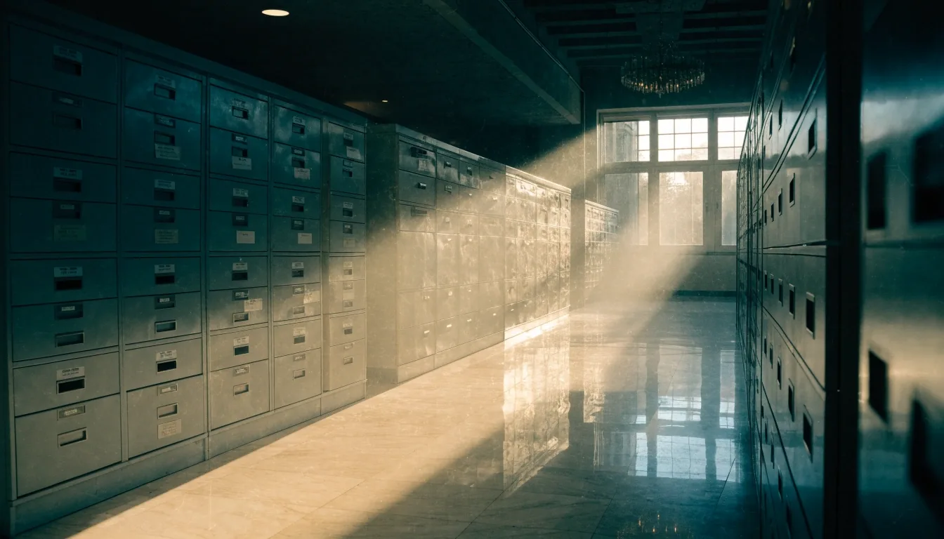 Pasillo de oficina pública con luz de tarde y archivadores